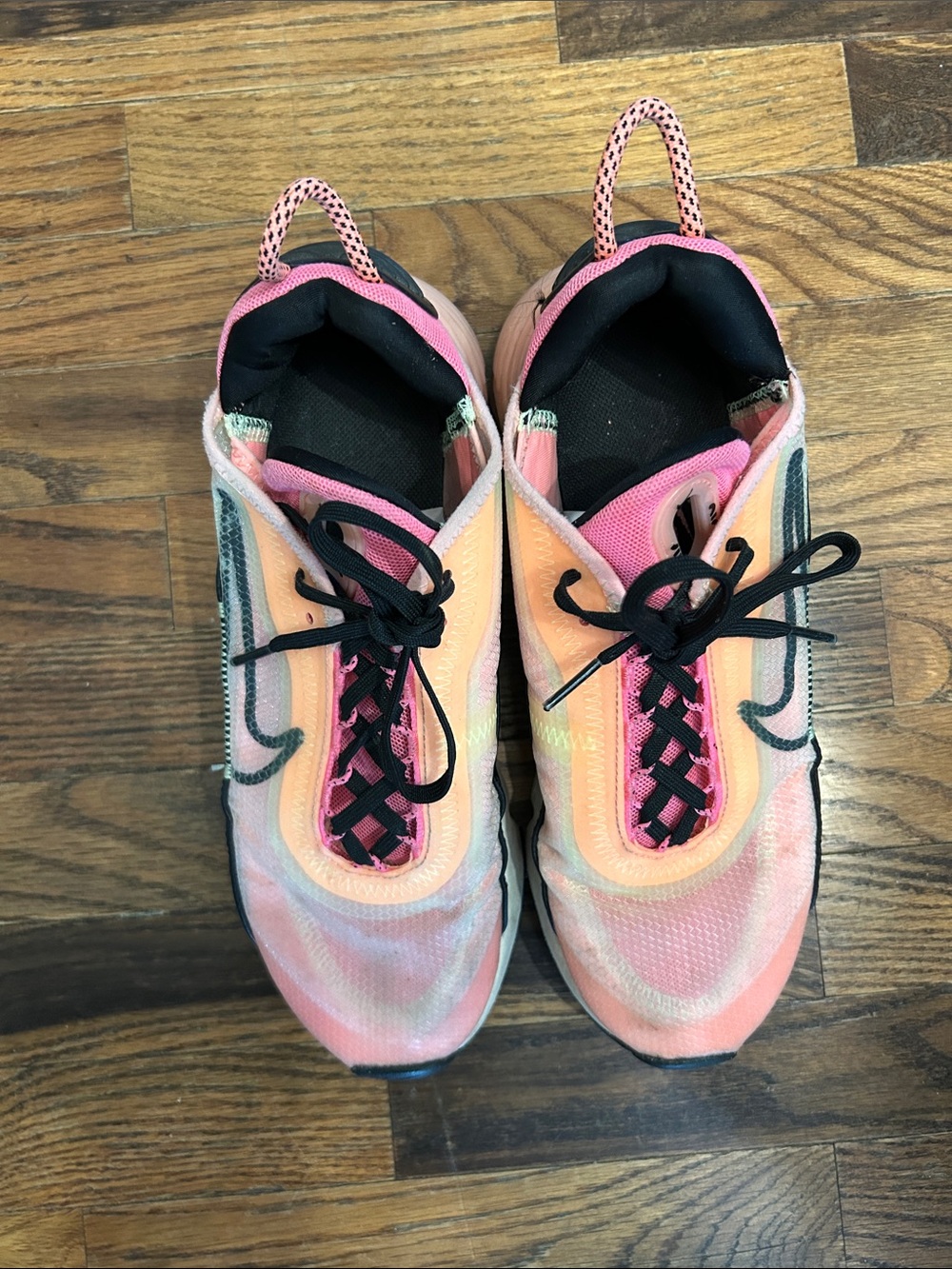 Nike Women's Pink and Peach Gradient Running Sneakers with Black Trim
